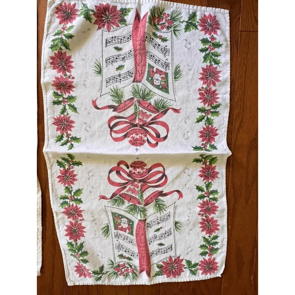 2 Vintage Stamped Linen Christmas Tea Towels Santa Reindeer Tree Greetings Music